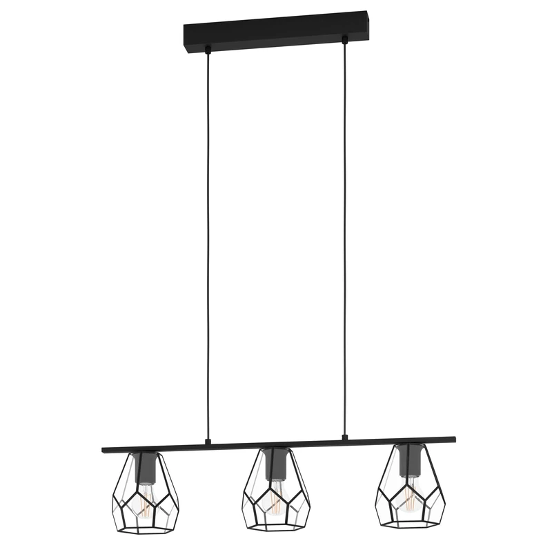 Eglo Pendant Lighting Mardyke, 3 Bulb Industrial Ceiling Light Fitting Made of Clear Glass and Black Metal, Hanging lamp for Dining and Living Room, E27 Socket