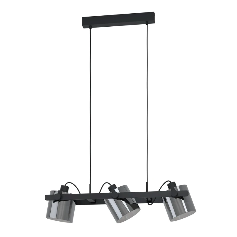Eglo Hornwood 2, 3-Light Pendant lamp Above Dining Table, Hanging Ceiling Light with Adjustable Smoked Glass Shades, Metal and Wood in Black, E27 Socket, L 78 cm