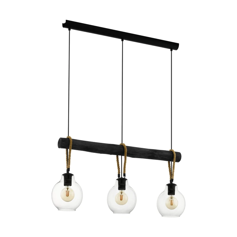 Eglo Pendant Lighting Roding, 3 Bulb Vintage Ceiling Light Fitting Made of Clear Glass, Black Metal, Wood and Natural Rope, Hanging lamp for Dining and Living Room, E27 Socket