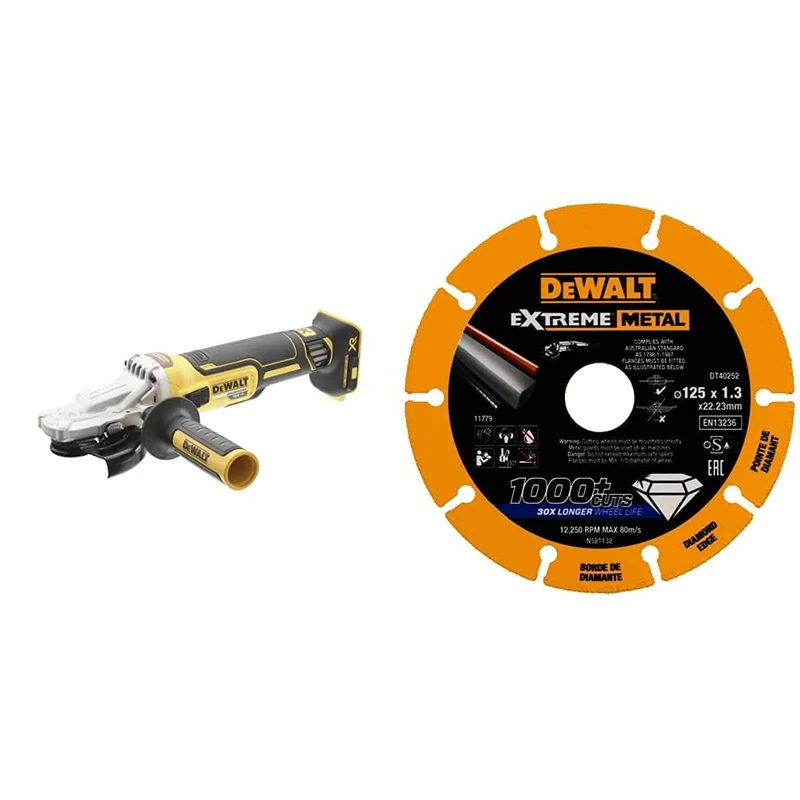 DEWALT DCG405FN-XJ DCG405FN Cordless XR Brushless Flathead Angle Grinder, 18 V, Yellow/Black, 125 mm & DT40252-QZ - Disco de Corte con borde diamantado Extreme Metal 125x1.3x22.3mm