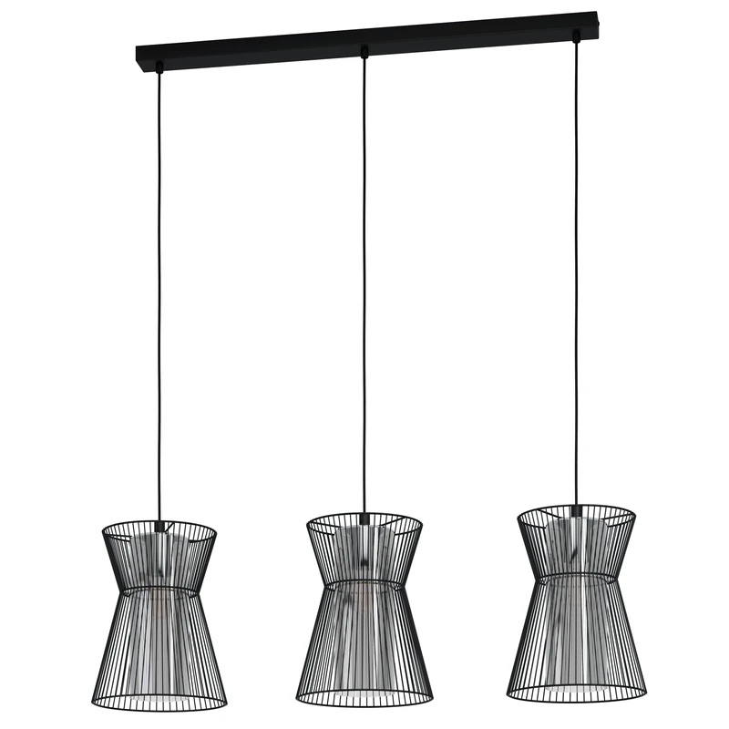 Eglo Pendant Lighting Maseta, 3 Bulb Ceiling Light Fitting Made of Black Metal and Smoked Glass, Hanging lamp for Dining and Living Room, E27 Socket