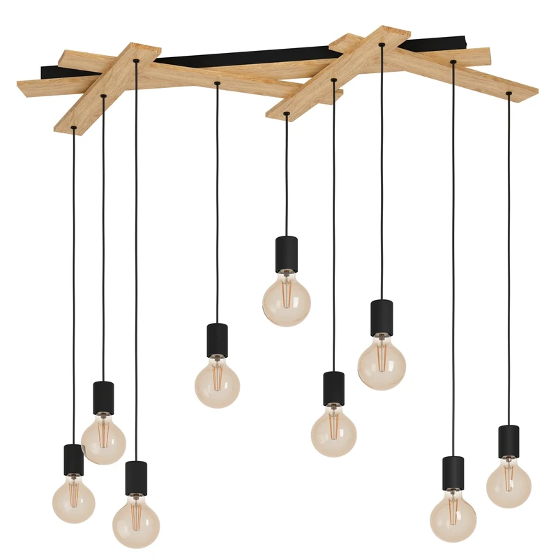 Eglo Pendant Lighting Townshend, 9 Bulb Ceiling Light Fitting Made of Natural Wood and Black Metal, Chandelier for Dining and Living Room with E27 Socket