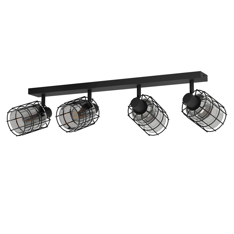Eglo Ceiling Light Consaca, 4 lamp Industrial Lighting Made of Black Metal and Smoked Glass, Living Room spotlights, E27 Socket