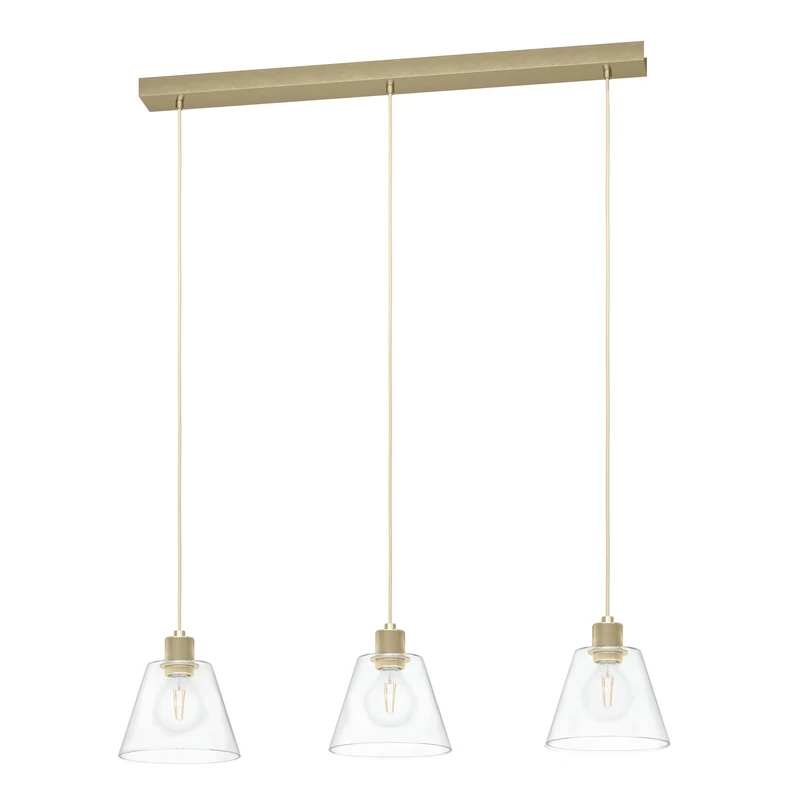 Eglo Pendant Lamp Copley, Dining Table Light Smoked Glass, 3-Light Ceiling Hanging Clear Glass and Gold Metal, E27 Socket, L 90 cm