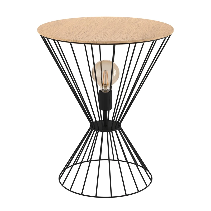 EGLO Floor lamp with Table Desierto, Living Room Table with Lighting, Standing Light Made of Black Metal and Brown Wood, Illuminated Bedside Table with Foot Switch, E27 Socket