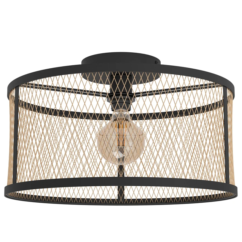 Eglo Flush Ceiling lamp Dellow, Industrial Vintage Style, Grid Light Fixture, Living Room Lighting, Black Steel, Brass, E27 Socket, Ø 45 cm