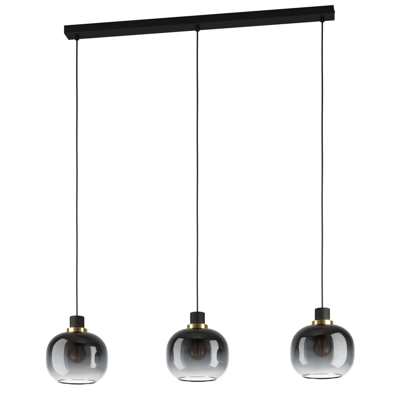 Eglo Pendant lamp Oilella, 3-Light Smoked Glass Above Dining Table, Hanging Metal Ceiling Light with Black-Grey Globe and Brass, E27 Socket, L 95 cm