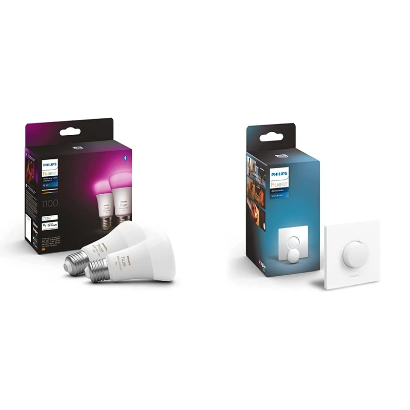 Philips Hue White & Colour Ambiance Smart Light Bulb Twin Pack LED [E27] with Bluetooth - 1100 Lumen + Hue Smart Button. Works with Alexa, Google Nest, Apple Homekit.
