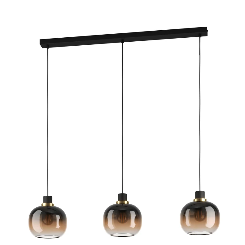 Eglo Pendant Lamp Oilella, 3-Light with Smoked Glass Above Dining Table, Hanging Ceiling Light in Metal Globe Black-Brown and Brass, E27 Fitting, L 95 cm