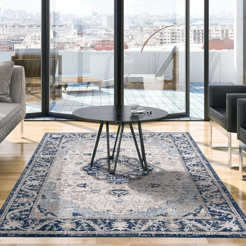 THE RUGS AREA RUG LIVING ROOM BEDROOM LARGE SMALL VINTAGE SOFT SHORT PILE BORDERED CLASSIC ORIENTAL DESIGN TRADITIONAL MOROCCAN BOHO CARPET - XLARGE 200X290 CM, NAVY ORIENTAL DESIGN