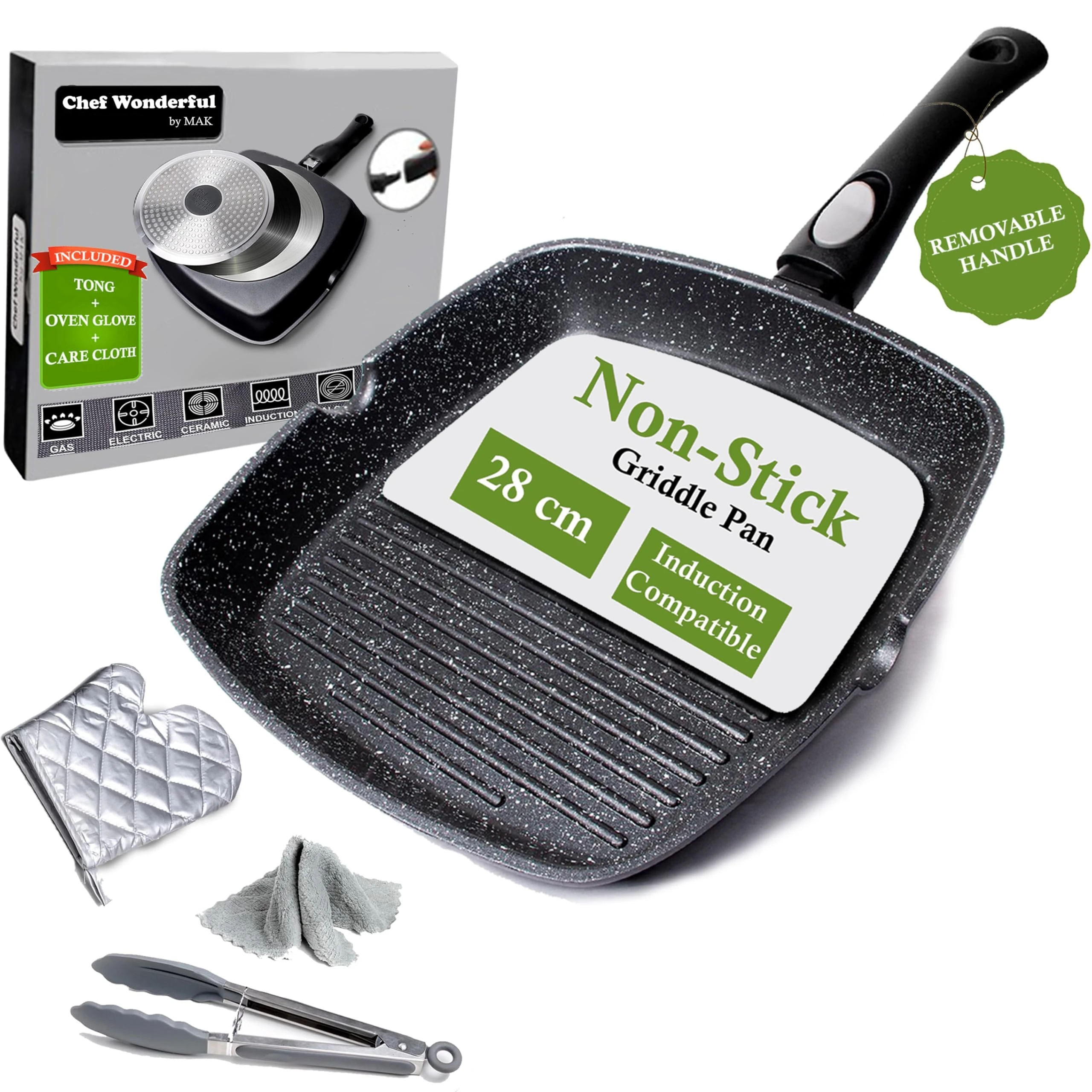 Chef Wonderful Non-Stick (28cm) Griddle Pan for Induction Hob, Marble Coating & Detachable Handle. Aluminium Steak Pan for All Induction Hobs with Tong, Glove & Cloth. Suitable for Gas & Oven Grilling