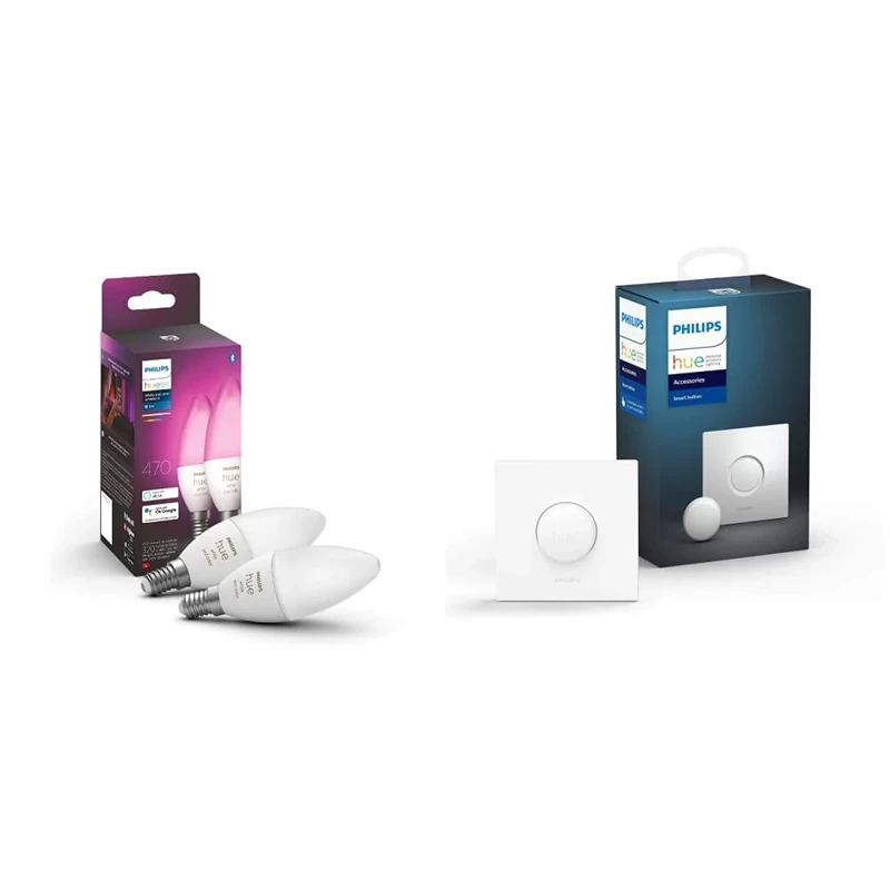 Philips Hue White & Colour Ambiance Smart Light Bulb Candle Twin Pack LED [E14] with Bluetooth - 1100 Lumen + Hue Smart Button. Works with Alexa, Google Nest, Apple Homekit.