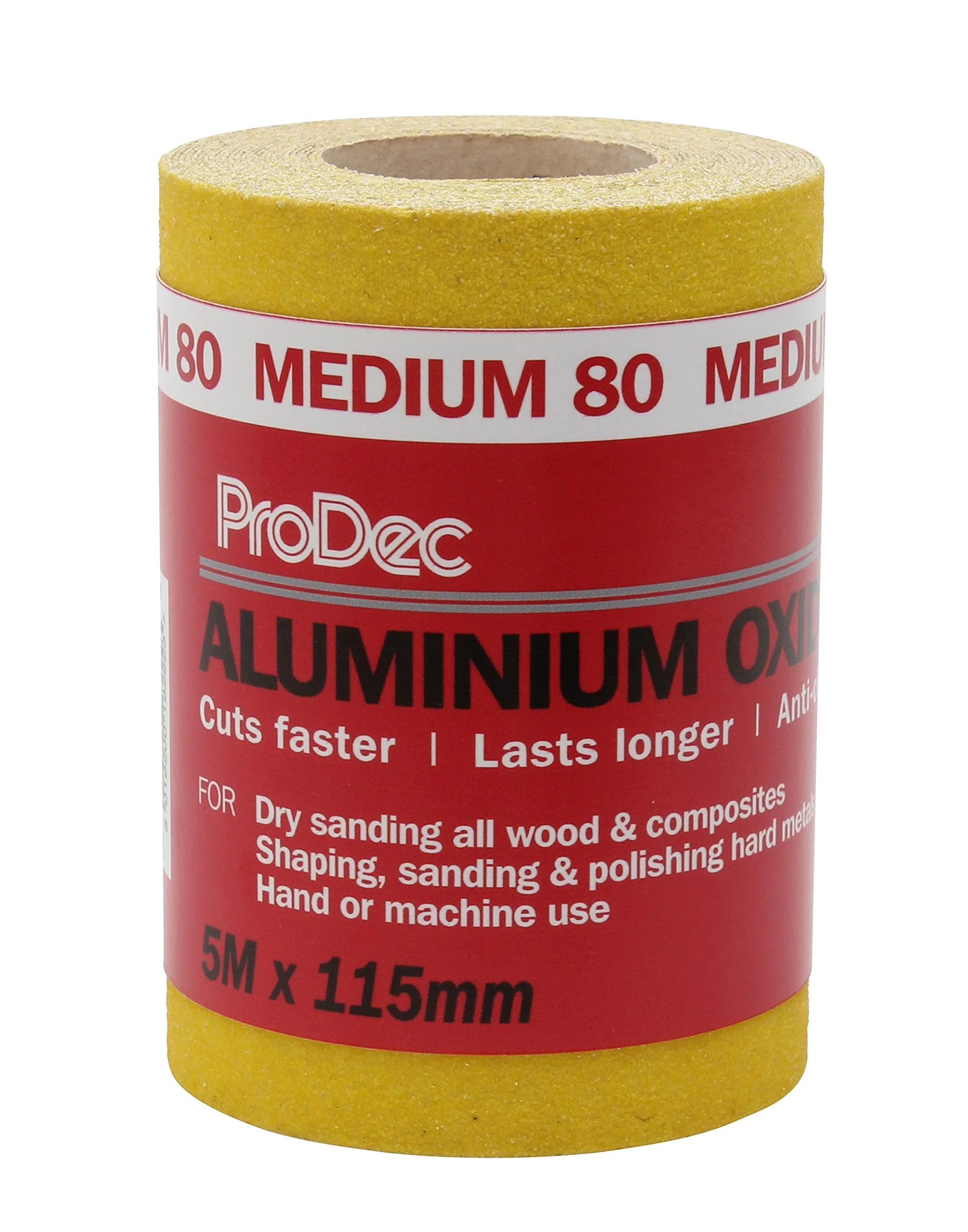 ProDec 5m Roll 80 Grit Medium Grade Yellow Aluminium Oxide Abrasive Sanding Paper for Sanding Wood, Paint, Plaster, Filler, Metal and More, 115mm Wide Sandpaper Compatible with Machine Sanders