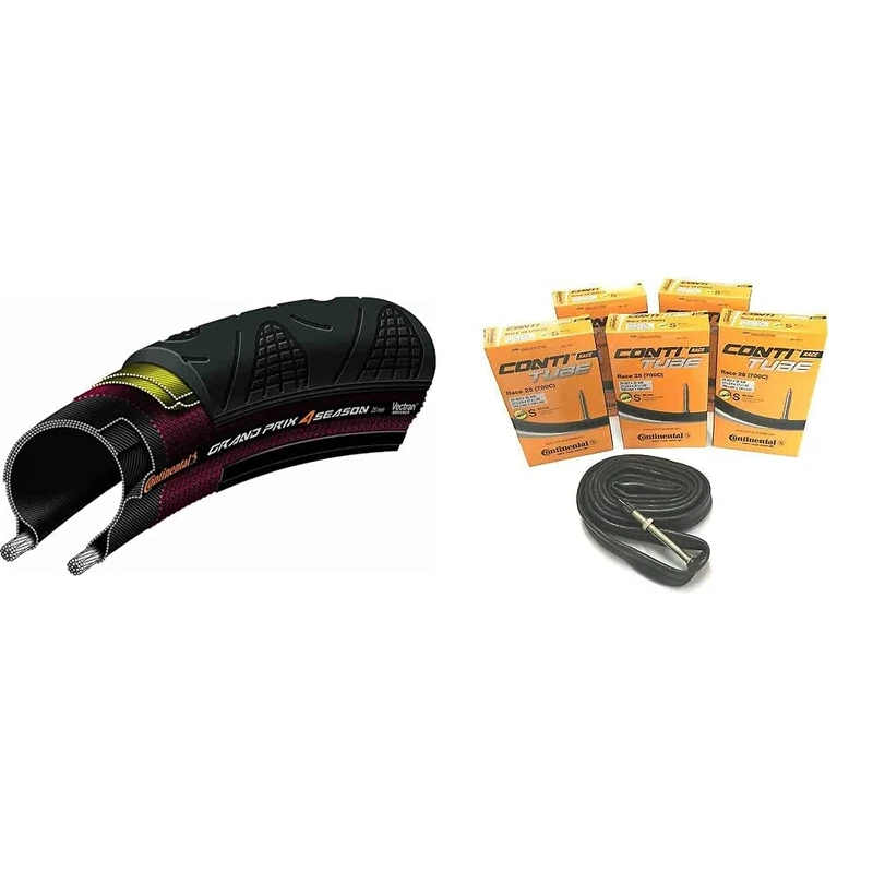 Continental Unisex's Grand Prix 4 Season Tyre, Black, 700 x 25 C & Race 28 700 x 20-25c Road Bike Inner Tubes - 60mm Presta Valve (Pack of 5) - with Ano Adapters