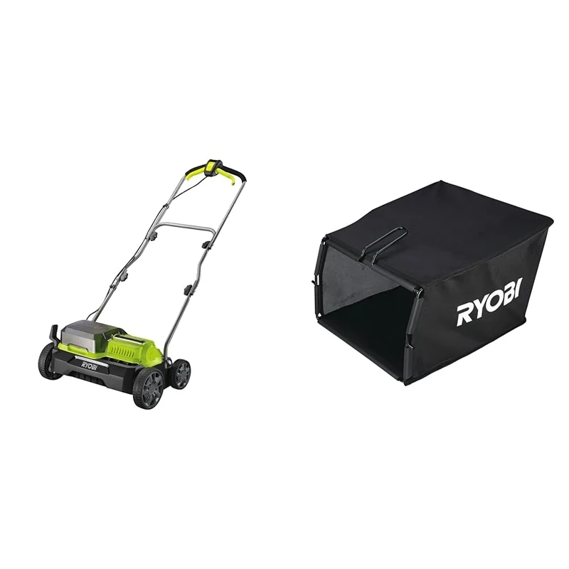 Ryobi RY18SFX35A-0 18V ONE+ Cordless 35cm Brushless Scarifier, 18 V & Ryobi RAC822-55L Debris Catcher for AC/DC Scarifier Multicolor