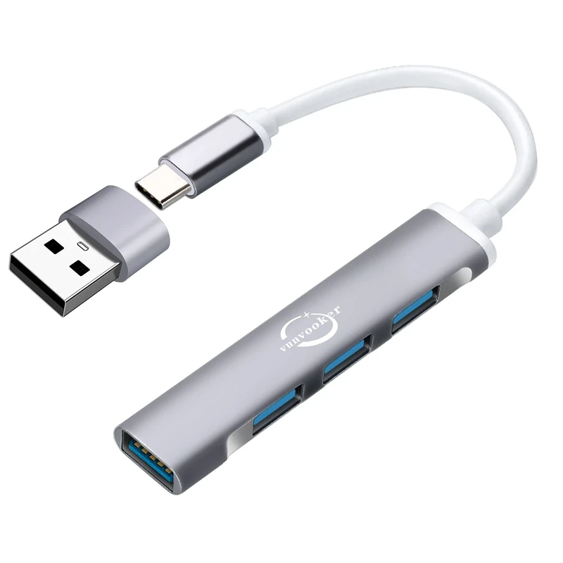 Vunvooker 4-Port Mini USB C Hub - 3 USB 2.0 and 1 USB 3.0 Adapter for MacBook Pro/Air, iMac, Surface Pro, XPS, PC - Ultra Slim Portable Data Transfer (Grey)