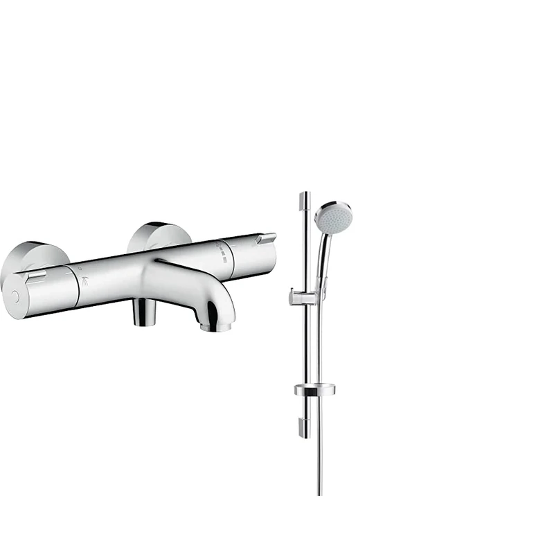 hansgrohe Ecostat 1001 CL Thermostatic Bath and Shower Mixer, Chrome & Croma 100 Shower Set Vario with Shower Rail 65 cm and soap Dish