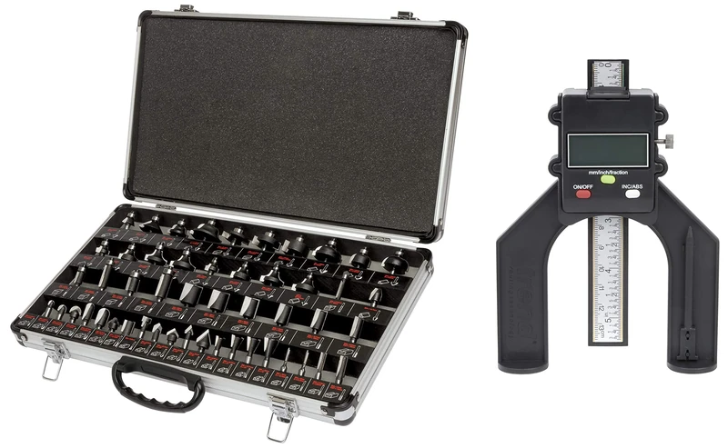Trend SET/SS50X1/4TC Starter Cutter Set 50Pcs & GAUGE/D60 Digital Depth Gauge with 60mm Jaw Opening for Setting Rebates and Grooves, Black, 240V