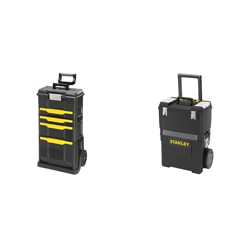 STANLEY Rolling Workshop With Detachable Toolbox, Drawers, Flip Bin, Back Pocket, 7" Heavy Duty Wheels & Mobile Work Centre, 2 Tier Stackable Units
