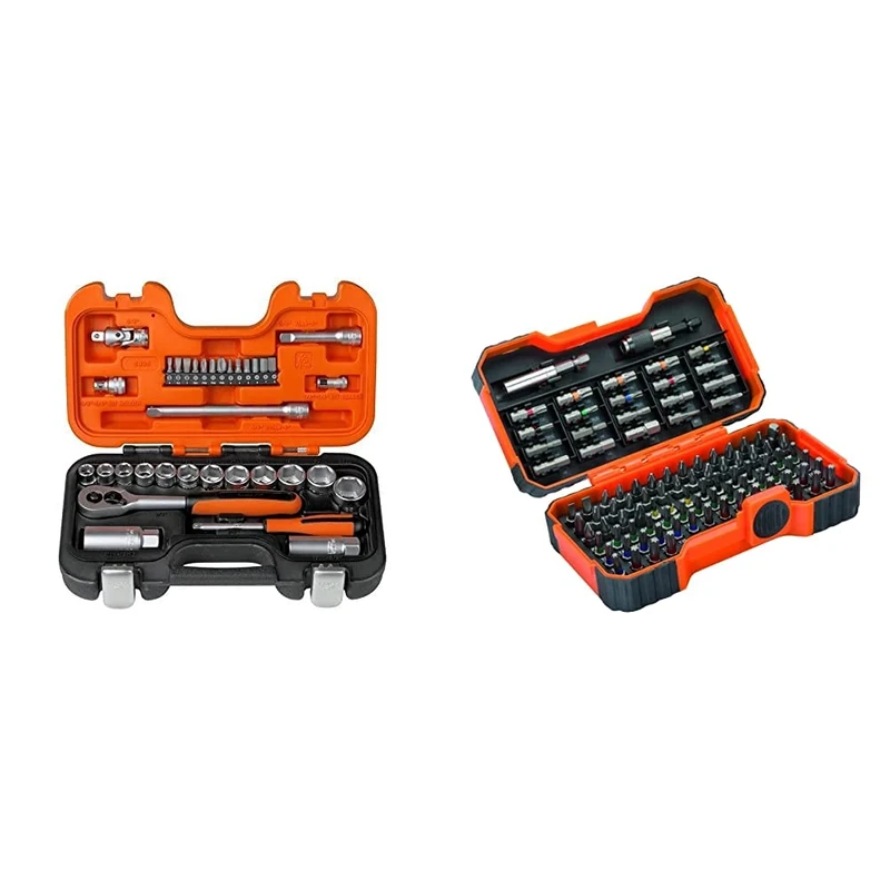 Bahco S330 Socket Set 34 Piece 1/4 and 3/8 Square Drive & BH59/S100BC 100 Pcs Bit Set for Slotted, Phillips, Pozidriv, Hexagon, Robertson nd Coloured TORX,TORX Tamper, Head Screws
