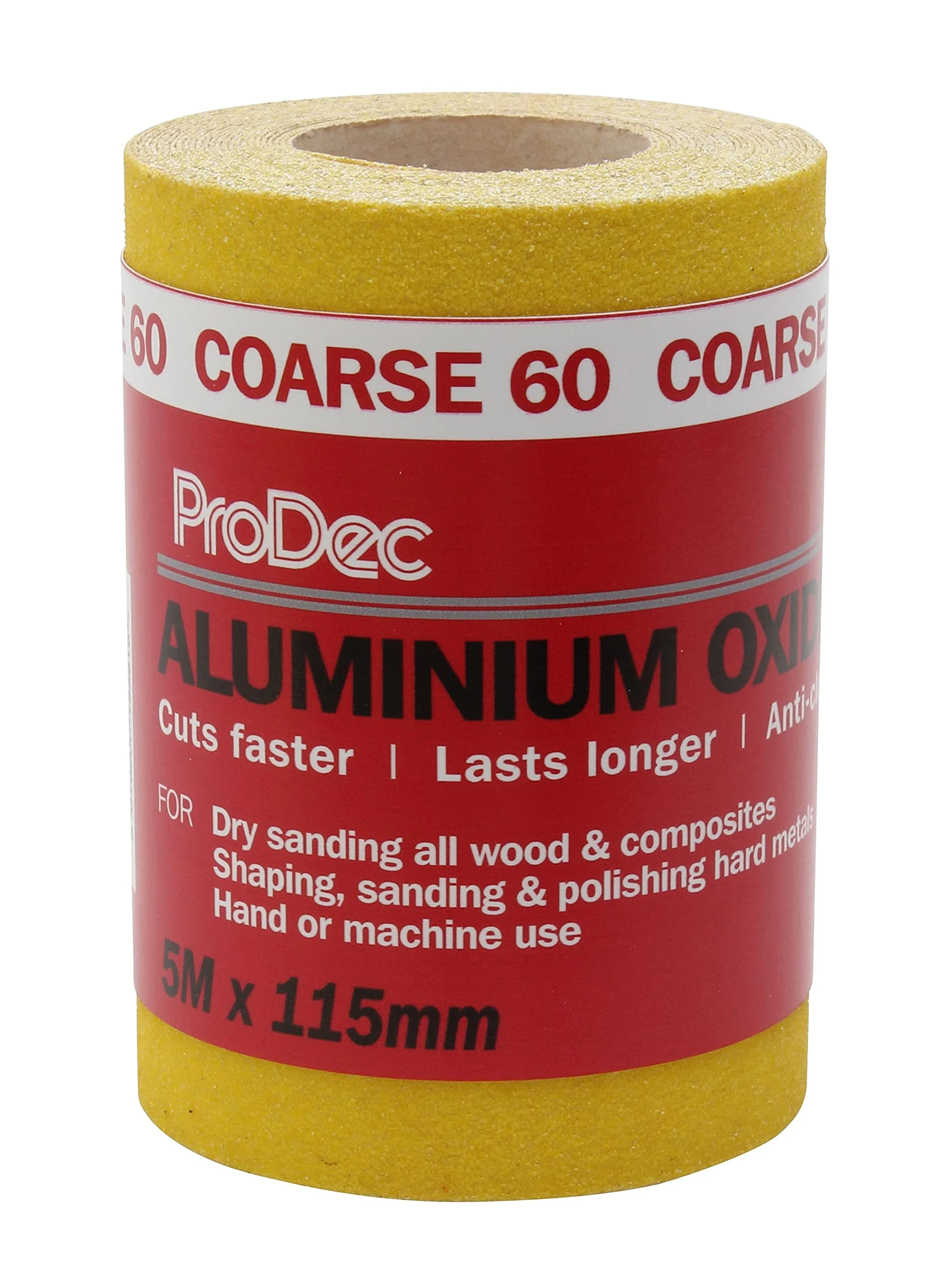 ProDec 5m Roll 60 Grit Coarse Grade Yellow Aluminium Oxide Abrasive Sanding Paper for Sanding Wood, Paint, Plaster, Filler, Metal and More, 115mm Wide Sandpaper Compatible with Machine Sanders