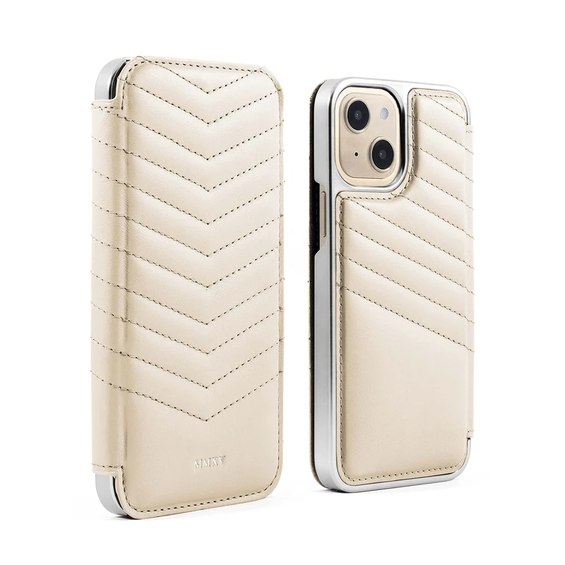 Greenwich PORTLAND Leather Case for iPhone 13 Compatible with MagSafe Wireless Charging - Shortbread (Cream) / Silver