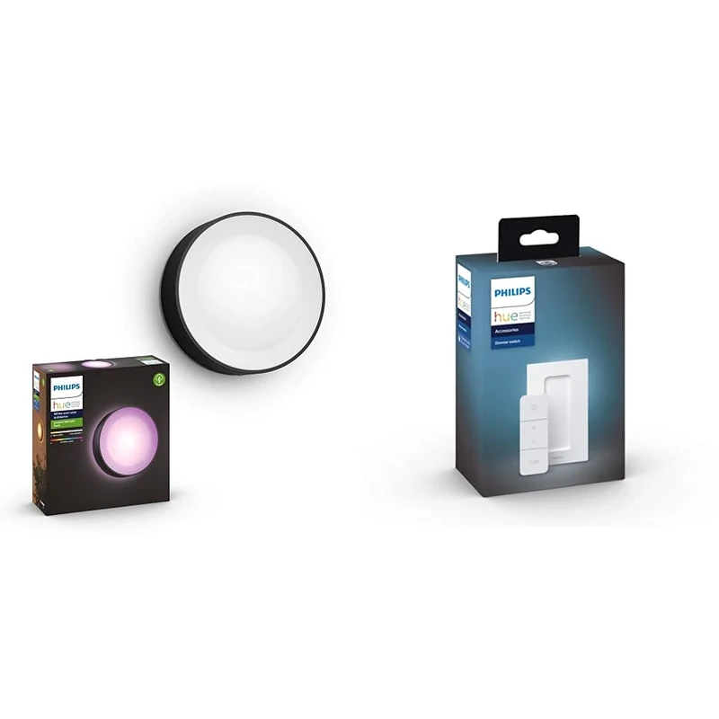 Philips Hue Daylo White & Colour Ambiance LED Smart Outdoor Wall Light 2 Pack [Black]+ Hue Dimmer Switch. Works with Alexa, Google Assistant and Apple HomeKit.
