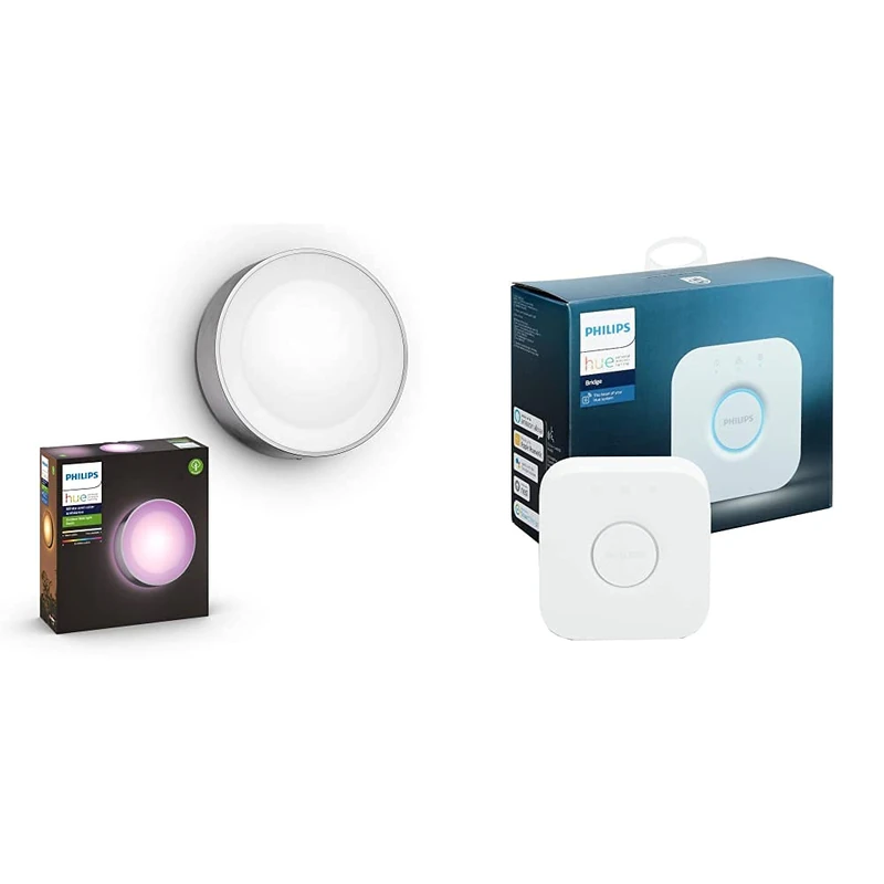 Philips Hue Daylo White & Colour Ambiance LED Smart Outdoor Wall Light [INOX]+ Hue Bridge. Works with Alexa, Google Assistant and Apple HomeKit.