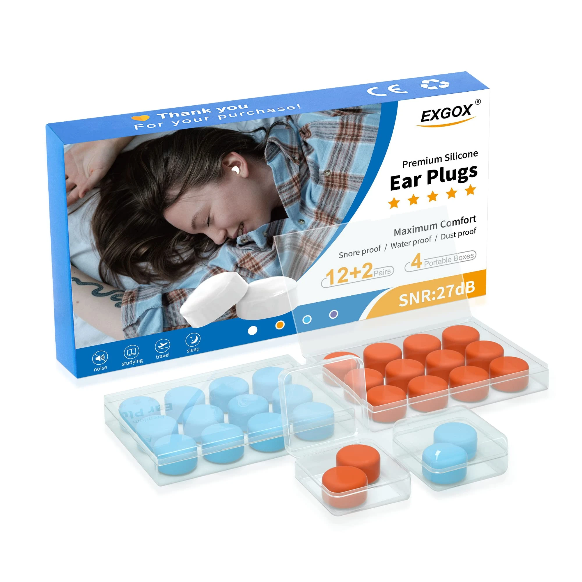 EXGOX 14 Pairs Silicone Ear Plugs for Sleeping Noise Cancelling Reusable Moldable Wax Earplugs for Swimming, Work, Airplane, SNR27dB(Blue, Orange)