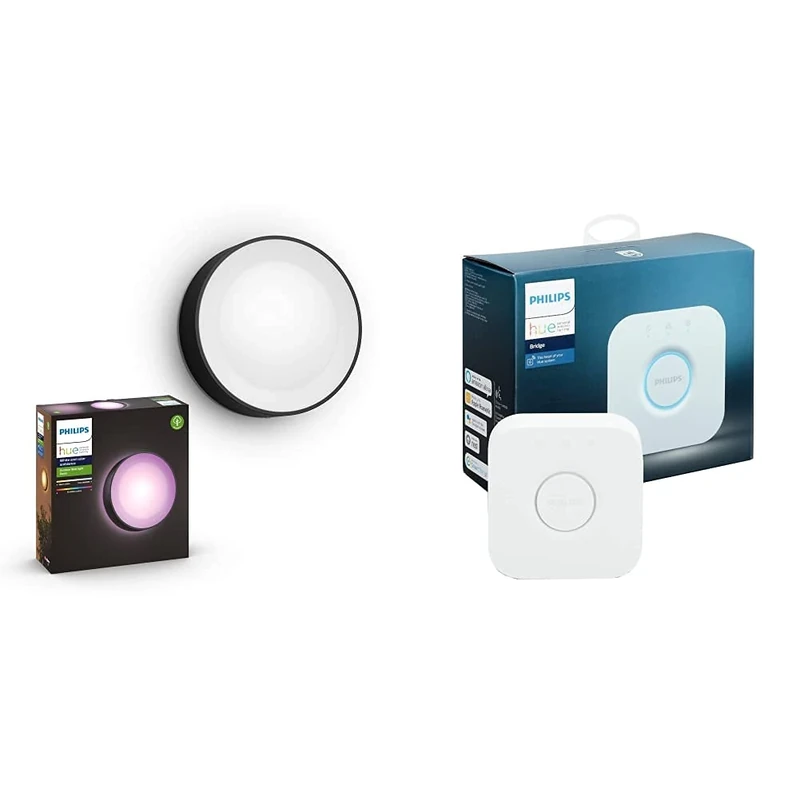 Philips Hue Daylo White & Colour Ambiance LED Smart Outdoor Wall Light 2 Pack [Black]+ Hue Bridge. Works with Alexa, Google Assistant and Apple HomeKit.