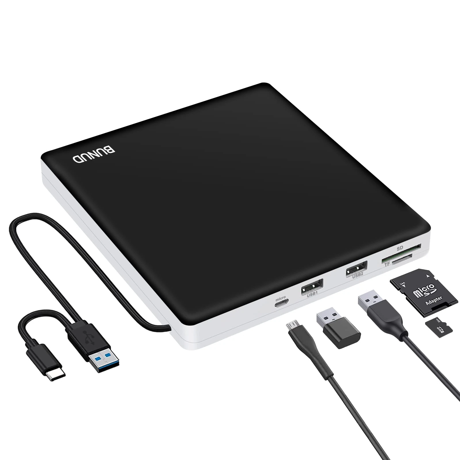 BUNUD External CD DVD Drive USB 3.0 & Type-C with 2 USB & SD/TF for Laptop Windows 11/10 PC Mac MacBook Pro Air