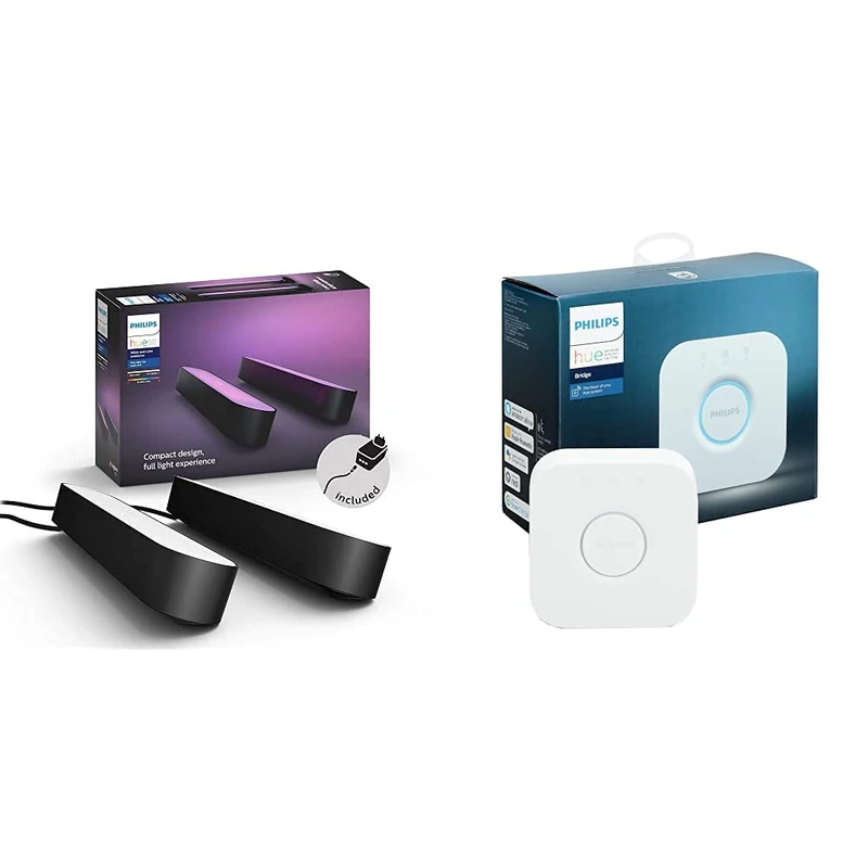 Philips Hue Play White & Colour Ambiance Smart Light Bar Double Pack Base Unit [Black] + Hue Bridge, Sync with Gaming, Entertainment and Music, Works with Alexa, and Voice Control.