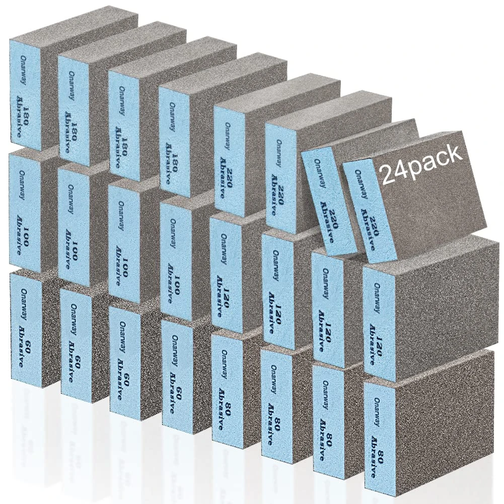 Onarway Sanding Sponges 24 Pack, Coarse and Fine Sanding Blocks - 60/80/100/120/180/220 Grits 6 Different Specifications, Washable and Reusable, Ideal for Wood Metal Wall Polish