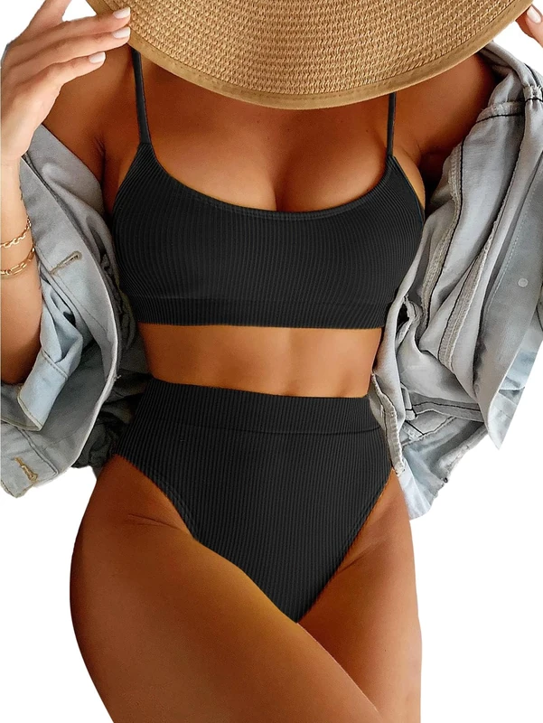 Lilosy High Waisted Tummy Control Ribbed Bikini Crop Top Brazilian Swimsuit Set 2 Piece, Black, Small