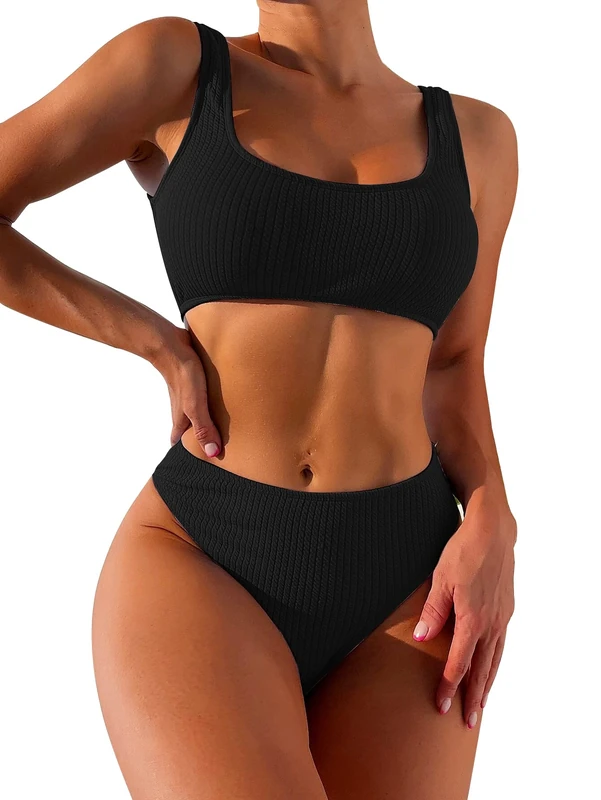 Lilosy High Waisted Tummy Control Ribbed Bikini Crop Top Brazilian Swimsuit Set 2 Piece, Black, Large