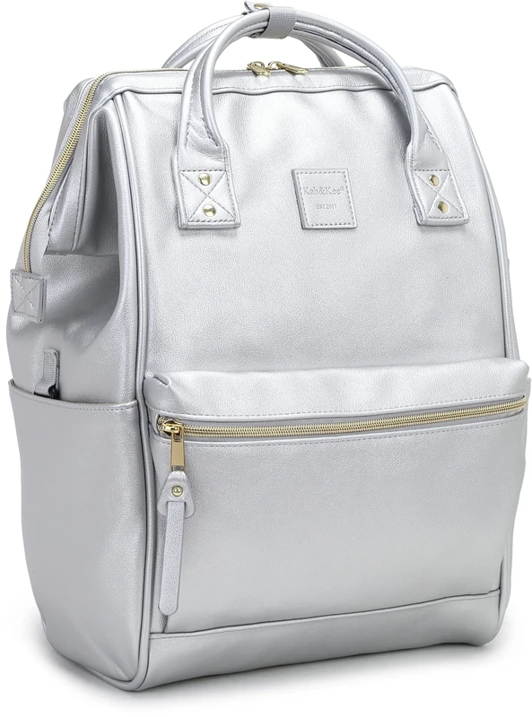 Kah&Kee Leather Laptop Backpack for Women, Waterproof & Anti-Theft, Ideal Nappy Bag for Work, Travel, Doctors & Teachers (Silver II)