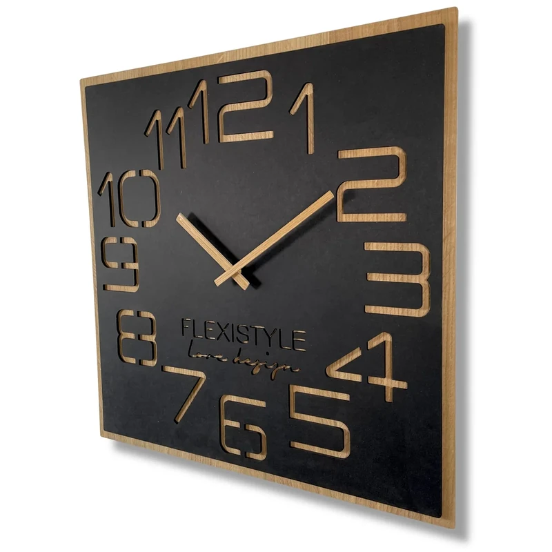 FLEXISTYLE ECO DIGITS large wall clock 60cm wooden oak black square unusual minimalistic design for living room bedroom office sient non ticking