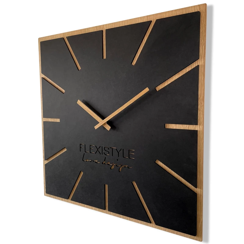 FLEXISTYLE large wall clock for living room bedroom 60cm wooden cloak oak black silent non ticking