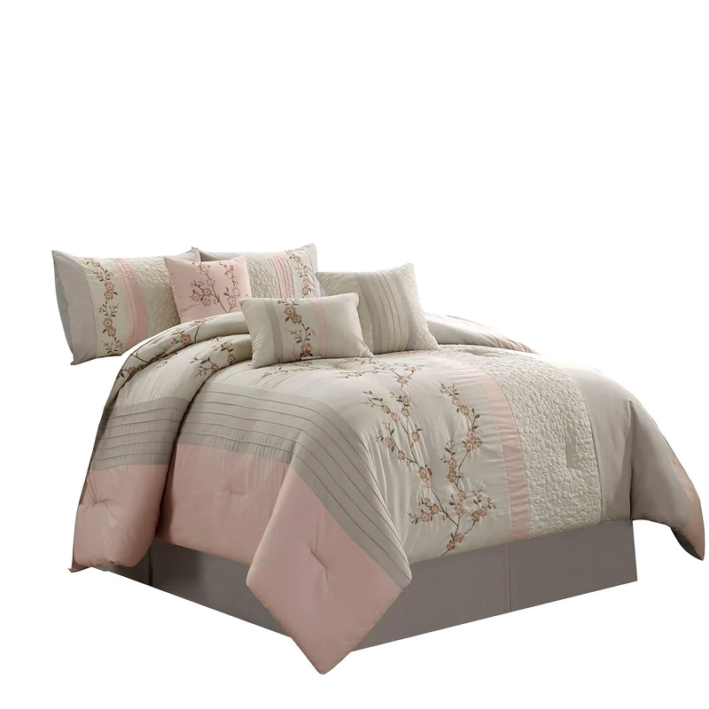 Chezmoi Collection Linnea 7-Piece Luxury Blush Taupe Cherry Blossom Floral Embroidery Comforter Set, Queen