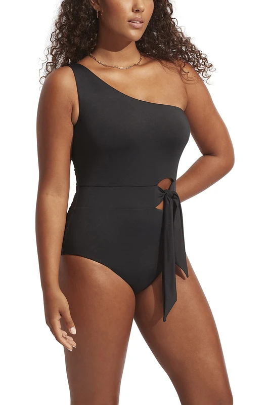 Seafolly Women's Shoulder One Piece Swimsuit, Eco Collective Black, 8
