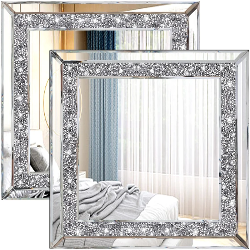 ZOLAPI 2PCS Crystal Rhinestone Diamond Wall Mirror.Brilliant Hand-Spliced Glass Mirror.Accent Decorative Mirror for Hallway/Bathroom/Bedroom（12”x12”）