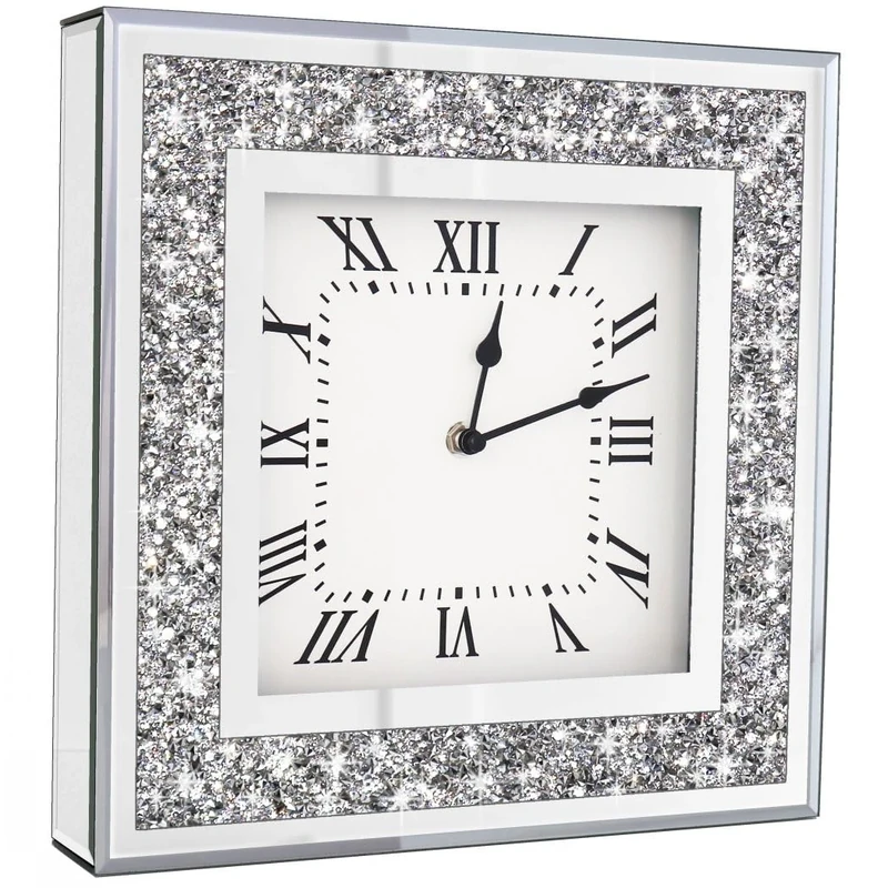 Crystal Crush Diamond Mirrored Square Wall Clock with Sparkle Twinkle Bling Diamond Decor for Wall Decoration, 12x12inch Decorative Silver Mirror Quartz Clock for Home Decor. AA Battery not included