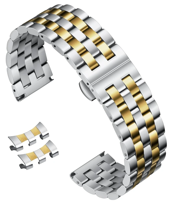 BINLUN Stainless Steel Watch Strap Replacement Metal Watch Band with Curved and Straight End 18mm 19mm 20mm 21mm 22mm 24mm Smart Watch Strap for Men Women in Silver, Gold, Black, Rose Gold, Two Toned