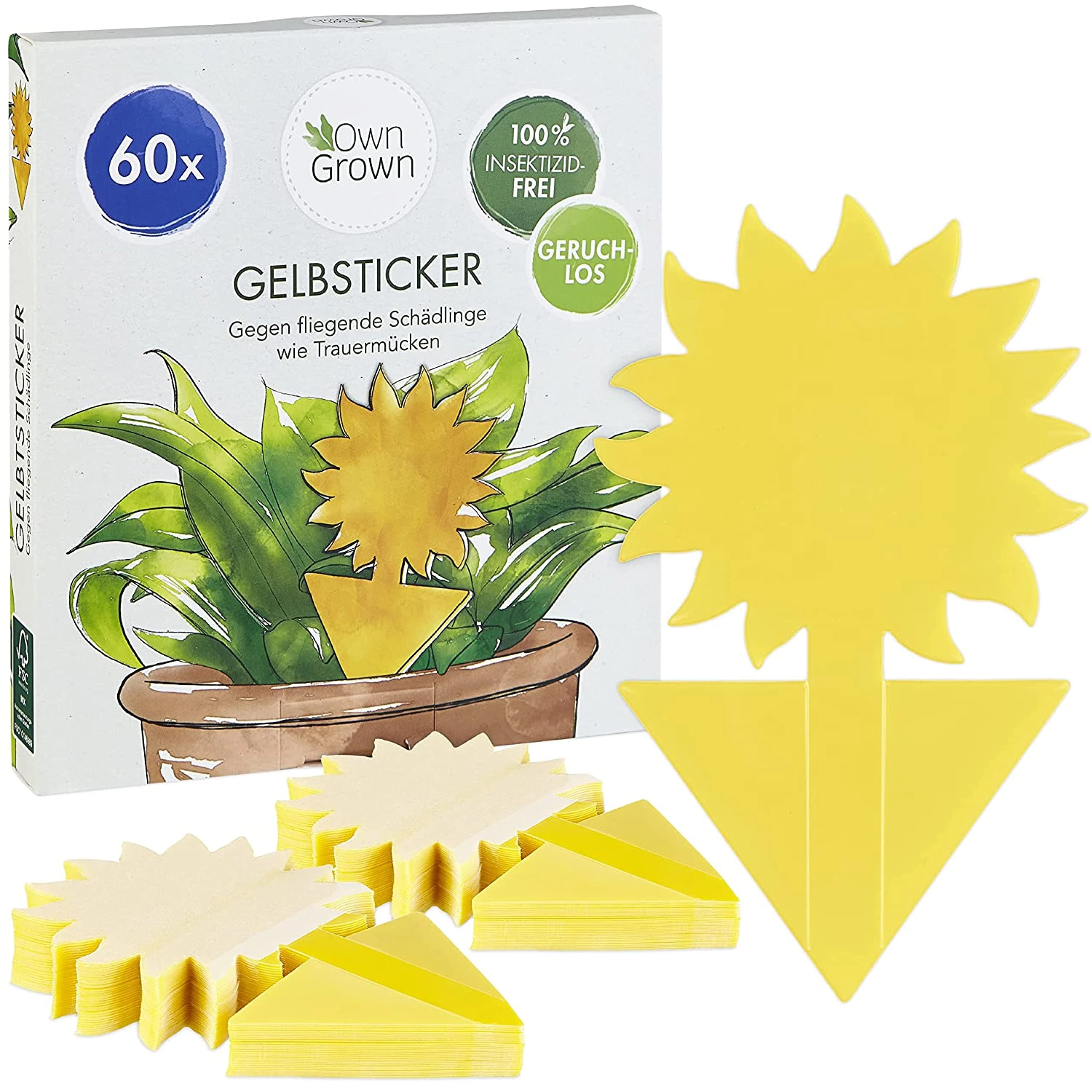 OwnGrown Yellow Sticky Traps 60x Sticky Fly Trap for Indoor Plants - Effective Yellow Fly Traps for Gnats, Fruit Flies, and Fleas - Indoor Fly Trap - Ideal Flea Traps for Home and Garden Use