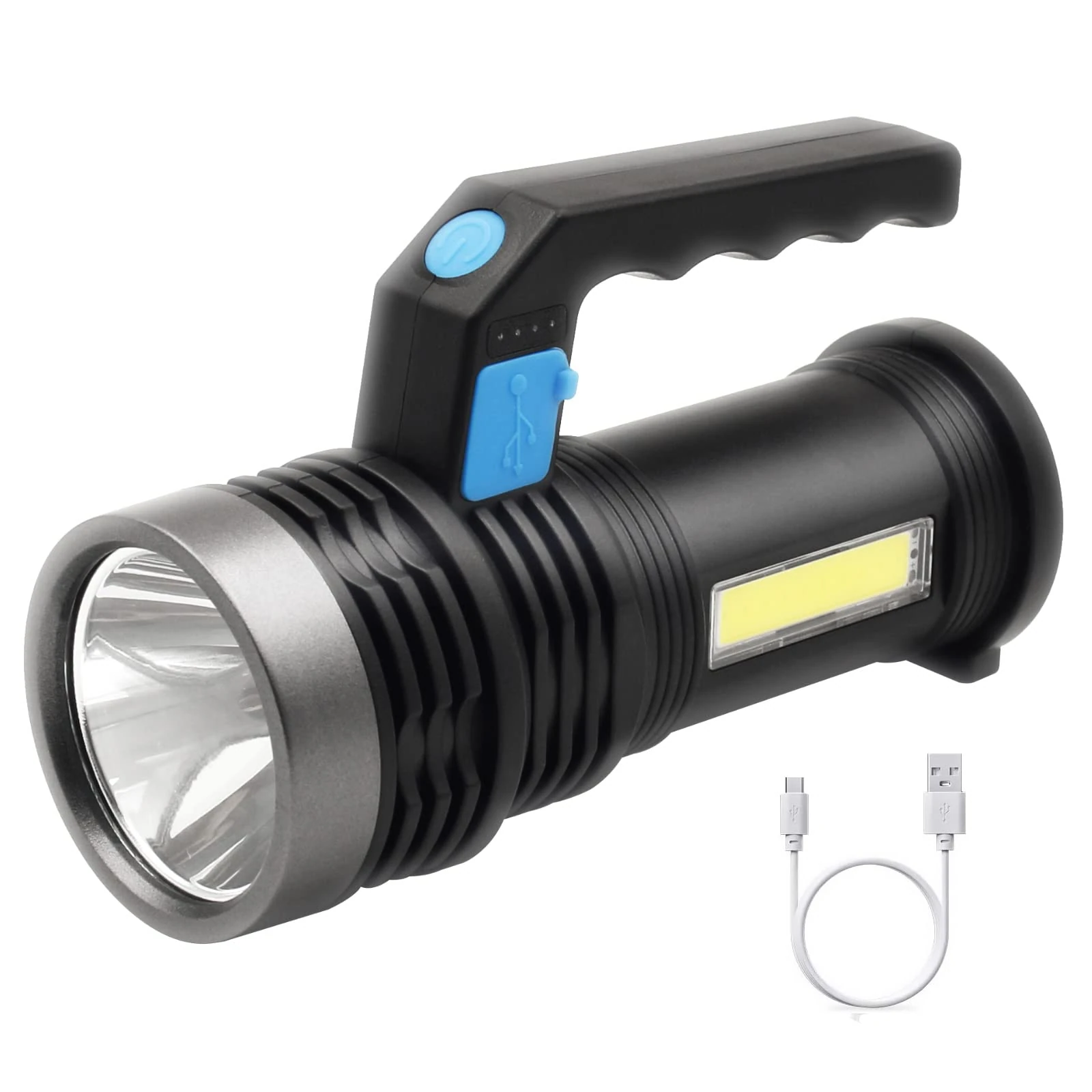 LED Torch USB Rechargeable, Super Bright Lantern Light with Handle and COB Work Light, 4 Modes Waterproof Searchlight for Camping, Hiking, Home,Farm,Hunting and More