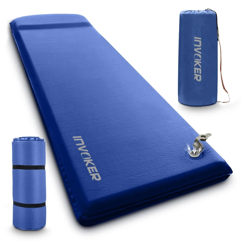 INVOKER Camping Sleeping pad, 8cm Ultra-Thick Elasticity Foam Fast Self-Inflating 4-Season Insulated Durable Camping Mat Air Mattress with Pillow, for Tent, Car, Camping, Traveling, Deep Blue
