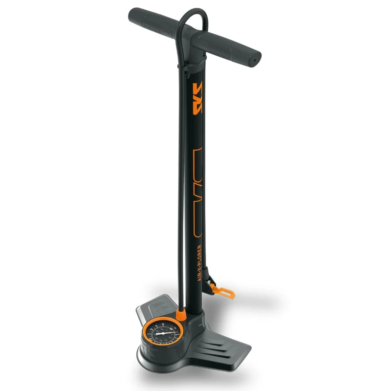 SKS GERMANY AIR-X-PLORER 10.0 Floor Pump (Air Pump for All Valve Types, Steel Tube, Metal Base, Ergonomic Soft Touch Handle, Max. Pressure: 10 Bar / 144 PSI), Black/Organge