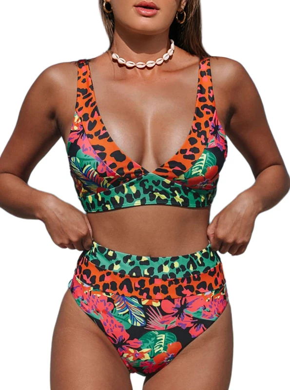 Hilinker Women's Leopard Bikini Swimsuits V Neck High Waisted 2 Piece Bathing Suits, Coral, XL