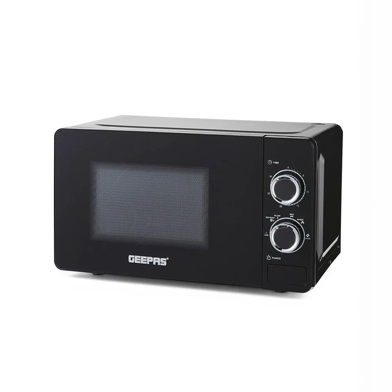 GEEPAS 700W Manual Solo Microwave Oven, 20L| Electric Oven with Auto Defrost Speedy Reheat | 5 Power Levels 2 Rotary Dials 30 Min Timer Easy Clean Standard Size of Dinner Plate | 2 Year Warranty Black
