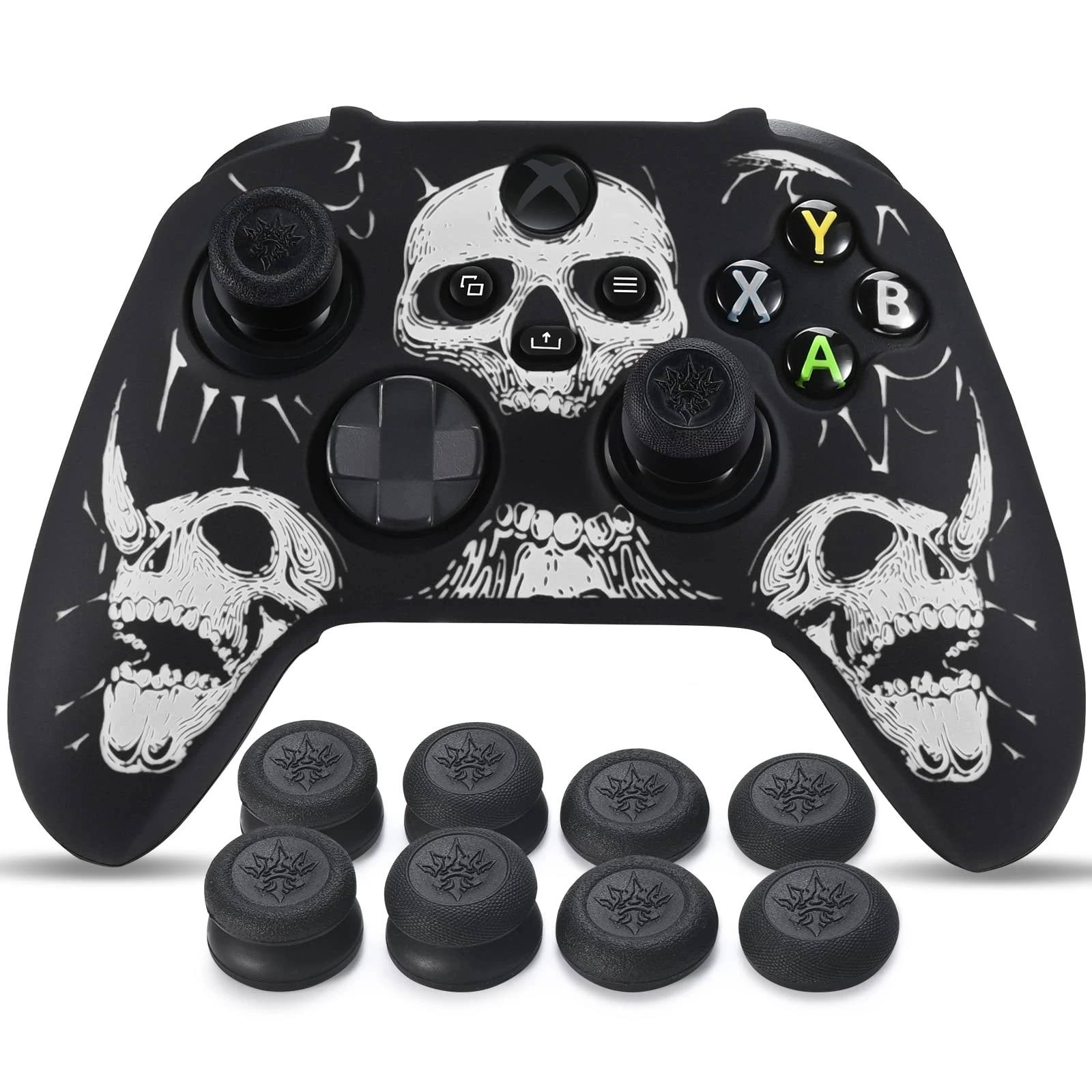 YoRHa Laser Carving Silicone Skin for Xbox Series X/S Controller x 1(White) with Pro Thumb Grips x 8